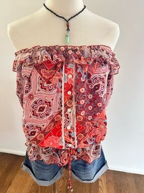 Euro Paisley Off-Shoulder Boho Blouse Red Pink Festival Top Tie Front L